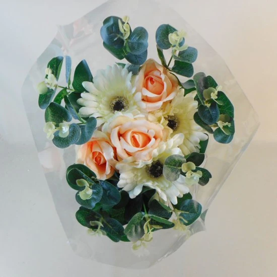 Silk Flowers Gift Bouquet Roses and Gerberas Peaches and Cream - ABV041