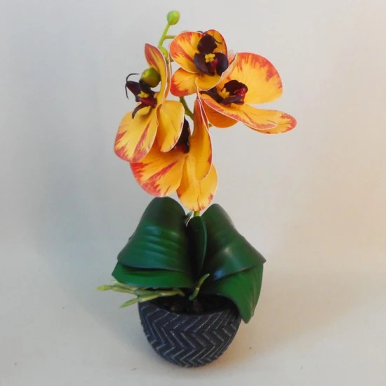 Mini Artificial Orchid Plant in Ceramic Pot Yellow Orange 28cm - ORC004 1D