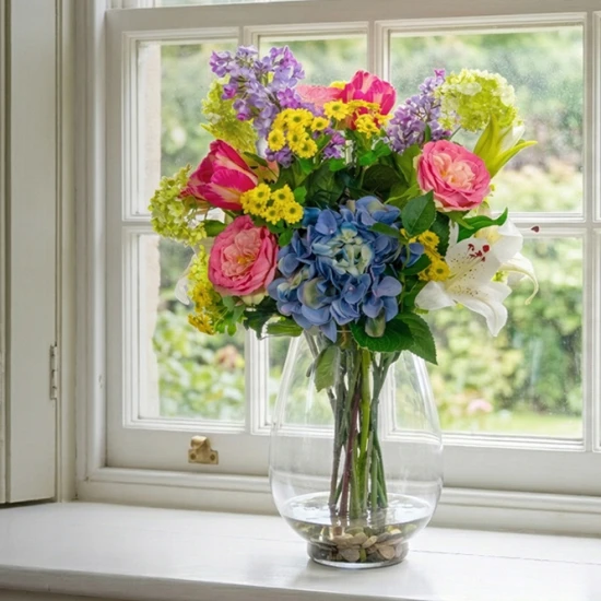 Cottage Garden Flowers in Glass Vase 68cm | Artificial Flower Arrangement - LI1001 5A/6A