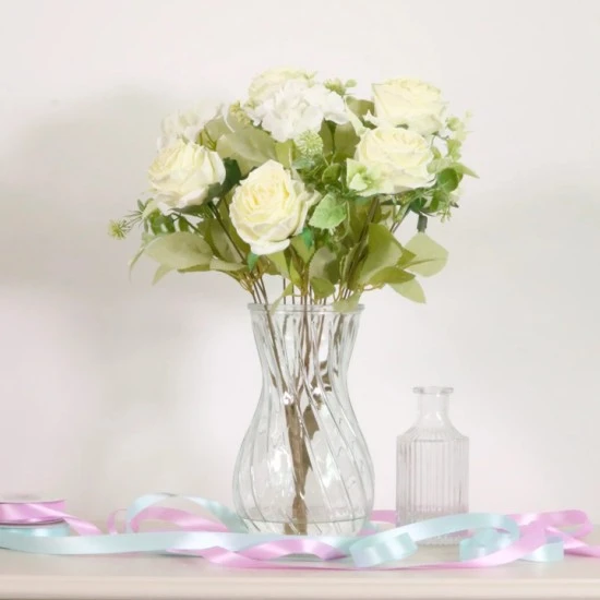 Cream Roses and Hydrangeas in Vase Artificial Flower Arrangement 43cm - ROS065 7C