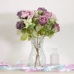 Mauve Pink Roses and Hydrangeas in Vase Artificial Flower Arrangement 43cm - ROS066 1C