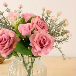 Mid Pink Roses in Vase Artificial Flower Arrangement 26cm - ROS068 2D