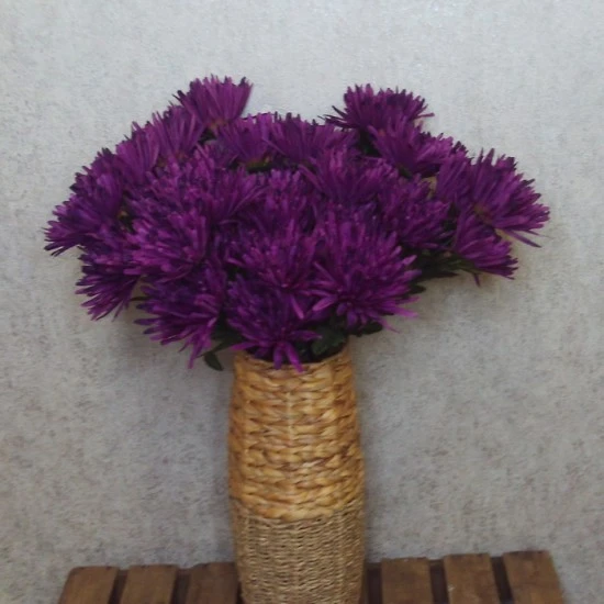 Artificial Spider Chrysanthemums Aubergine Purple with Green Leaves 64cm - S108 D2