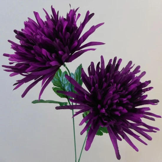 Artificial Spider Chrysanthemums Aubergine Purple with Green Leaves 64cm - S108 D2