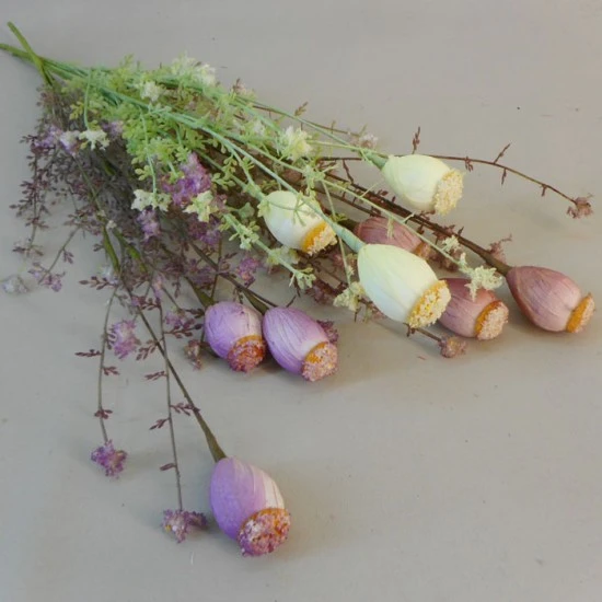 English Meadow Artificial Flowers Poppy Seed Heads Lemon 53cm - P250 FF3