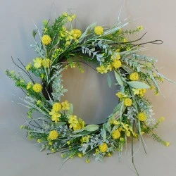Artificial Meadow Flowers Wreath or Centrepiece Yellow Craspedia 55cm - M084 GG2
