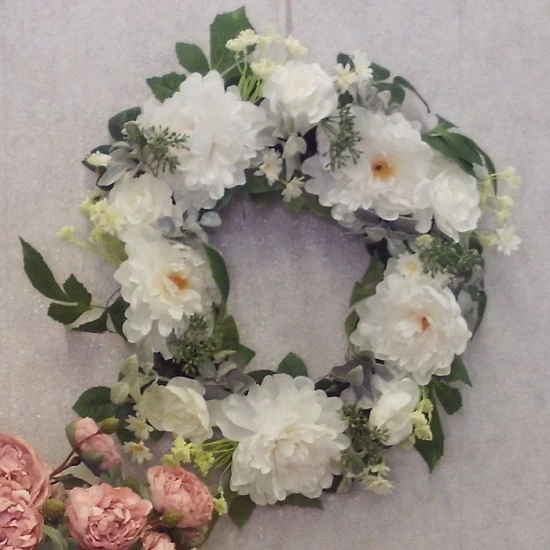 Artificial Peony Roses Wreath Cream 60cm - P123 