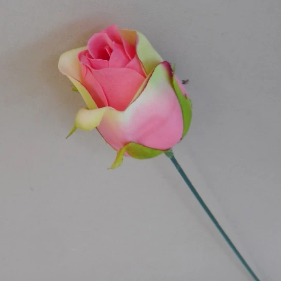 Artificial Rose Bud on Wire Stem Pink and Cream 26.5cm - R186 O1