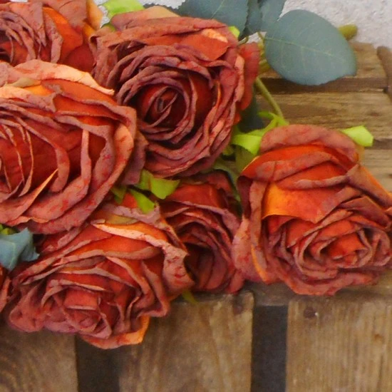 Antique Roses Bush Burnt Orange 45cm | Faux Dried Flowers - R498 I2