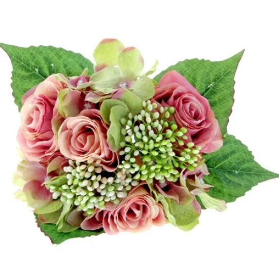 Roses and Hydrangeas Bunch Antique Pink Green 28cm - R533 O1