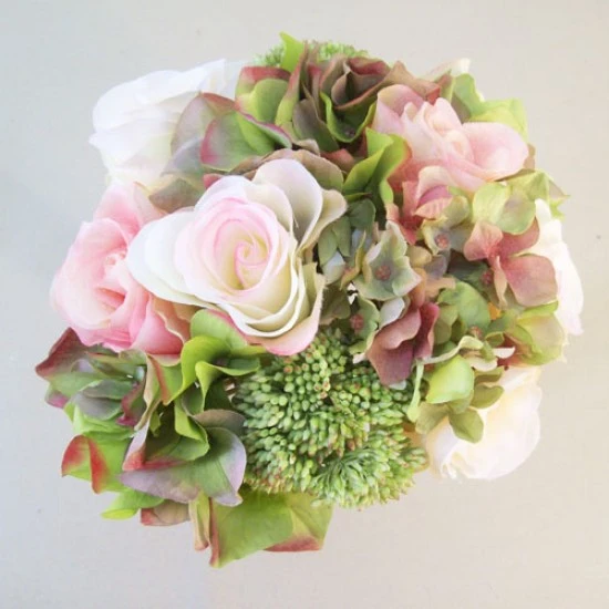 Ella Artificial Roses and Hydrangeas Posy Pink Peach Green 25cm - R844 P1